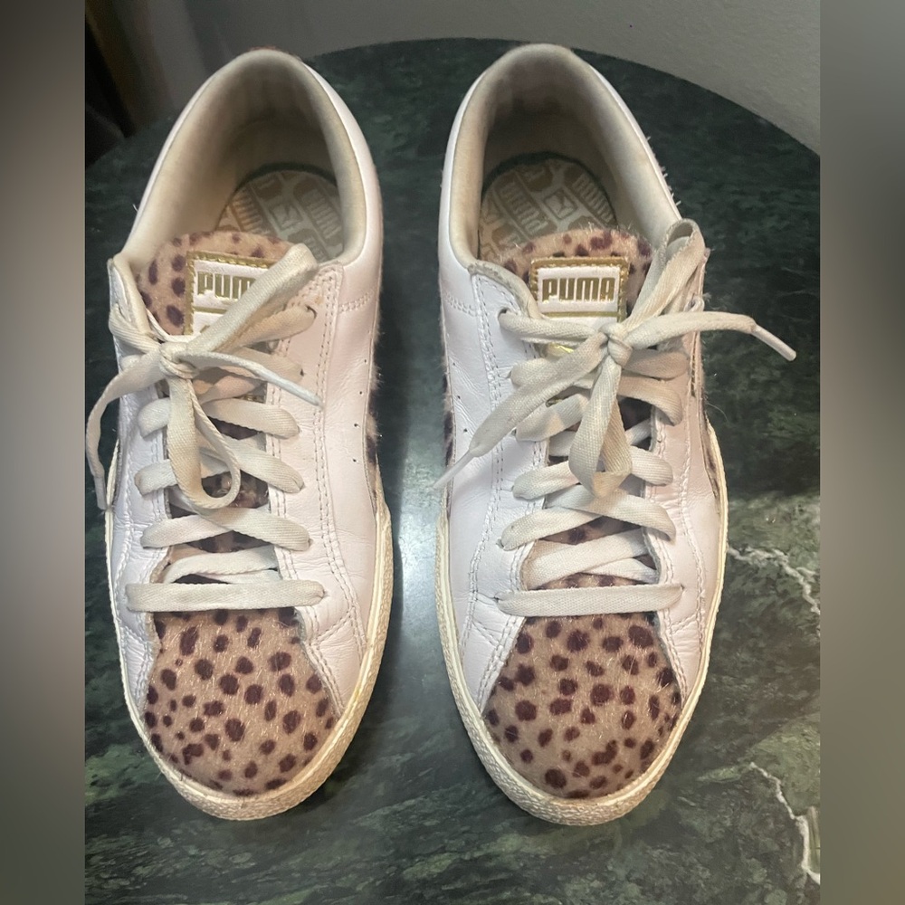 Puma Women's White and Leopard Print Sneakers